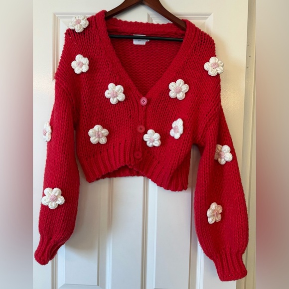 LUNA IVY Sweaters - Luna Ivy Chunk Knit Red Floral Cardigan Sweater Size Medium